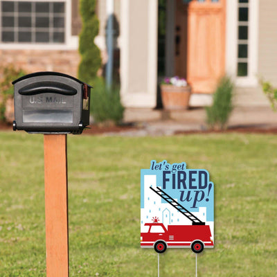 Fired Up Fire Truck - Outdoor Lawn Sign - Firefighter Firetruck Baby Shower or Birthday Party Yard Sign - 1 Piece