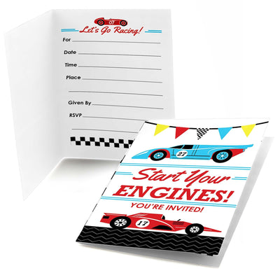 Let's Go Racing - Racecar - Fill In Race Car Birthday Party or Baby Shower Invitations - 8 ct