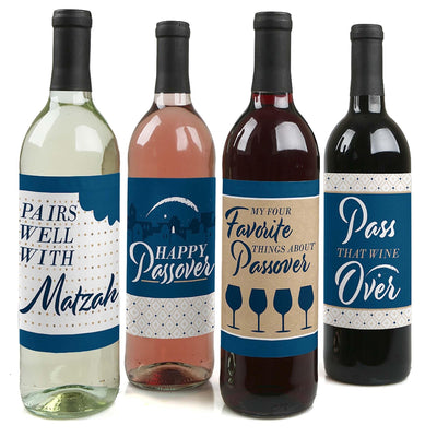 Happy Passover - Pesach Jewish Holiday Party Decorations for Women and Men - Wine Bottle Label Stickers - Set of 4