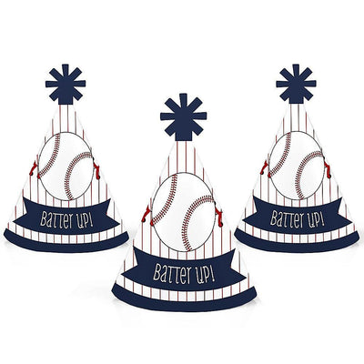 Batter Up - Baseball - Mini Cone Baby Shower or Birthday Party Hats - Small Little Party Hats - Set of 8