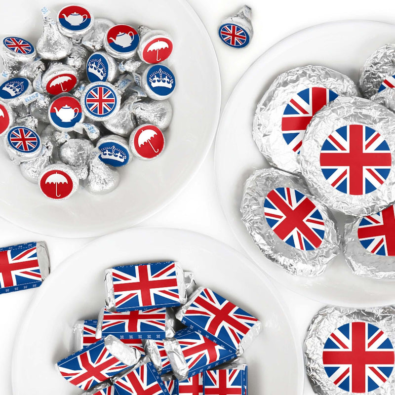 Cheerio, London - Mini Candy Bar Wrappers, Round Candy Stickers and Circle Stickers - British UK Party Candy Favor Sticker Kit - 304 Pieces
