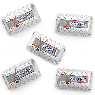 Shoots & Scores! - Hockey - Mini Candy Bar Wrapper Stickers - Baby Shower or Birthday Party Small Favors - 40 Count