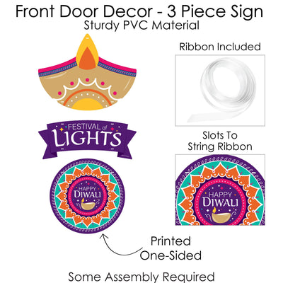 Happy Diwali - Hanging Porch Festival of Lights Party Outdoor Decorations - Front Door Decor - 3 Piece Sign