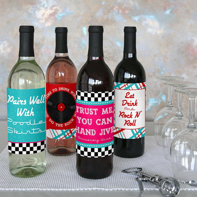 50's Sock Hop - 1950s Rock N Roll Party Decorations for Women and Men - Wine Bottle Label Stickers - Set of 4