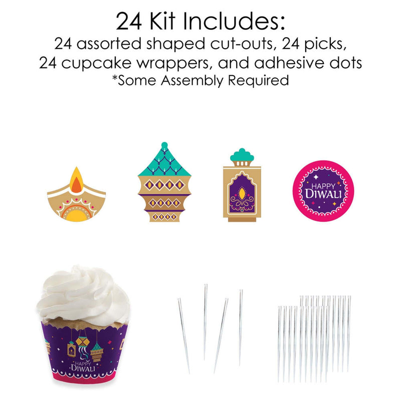 Happy Diwali - Cupcake Decorations - Festival of Lights Party Cupcake Wrappers and Treat Picks Kit - Set of 24