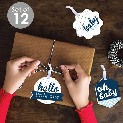 Hello Little One - Blue and Silver - Assorted Hanging Boy Baby Shower Favor Tags - Gift Tag Toppers - Set of 12