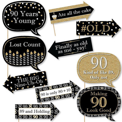Funny Adult 90th Birthday - Gold - 10 Piece Birthday Party Photo Booth Props Kit