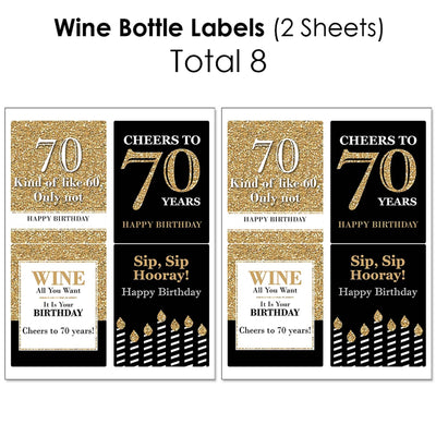 Adult 70th Birthday - Gold - Mini Wine Bottle Labels, Wine Bottle Labels and Water Bottle Labels - Birthday Party Decorations - Beverage Bar Kit - 34 Pieces