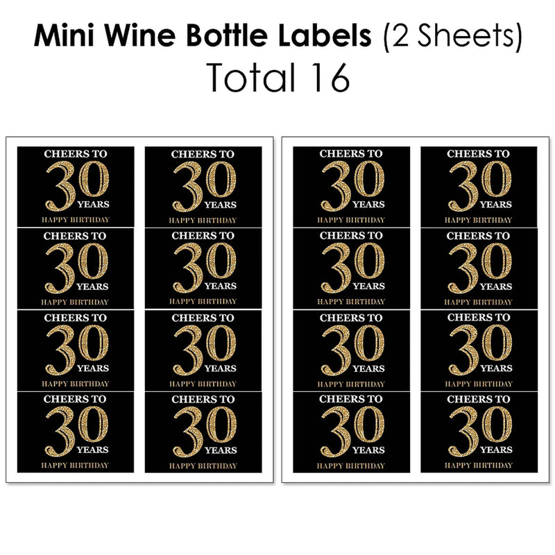 Adult 30th Birthday - Gold - Mini Wine Bottle Labels, Wine Bottle Labels and Water Bottle Labels - Birthday Party Decorations - Beverage Bar Kit - 34 Pieces