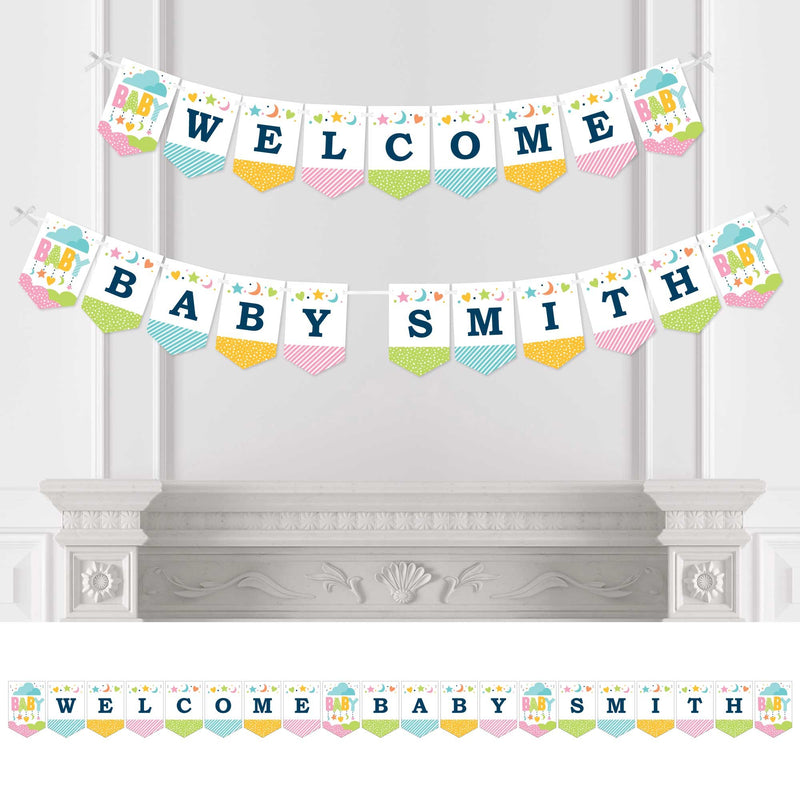 Personalized Colorful Baby Shower - Custom Gender Neutral Baby Shower Bunting Banner and Decorations - Welcome Baby Custom Name Banner