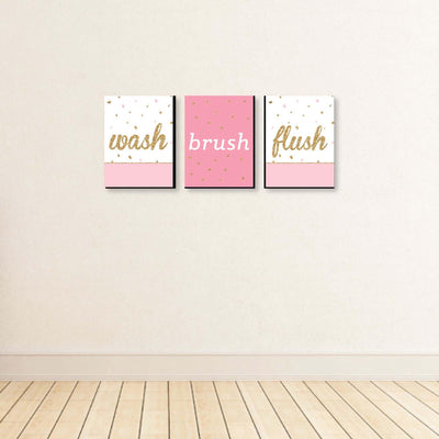 Girl - Pink and Gold - Kids Bathroom Rules Wall Art - 7.5 x 10 inches - Set of 3 Signs - Wash, Brush, Flush