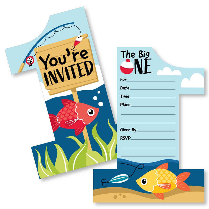 1st Birthday Reeling in the Big One - Shaped Fill-In Invitations - Fish First Birthday Party Invitation Cards with Envelopes - Set of 12