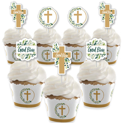 Elegant Cross - Cupcake Decoration - Religious Party Cupcake Wrappers and Treat Picks Kit - Set of 24