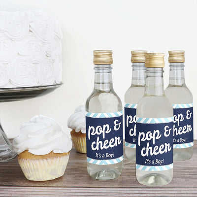 Hello Little One - Blue and Silver - Mini Wine and Champagne Bottle Label Stickers - Boy Baby Shower Favor Gift - For Women and Men - Set of 16