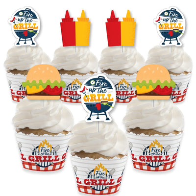 Fire Up the Grill - Cupcake Decoration - Summer BBQ Picnic Party Cupcake Wrappers and Treat Picks Kit - Set of 24