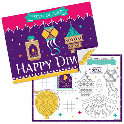 Happy Diwali - Paper Festival of Lights Party Coloring Sheets - Activity Placemats - Set of 16