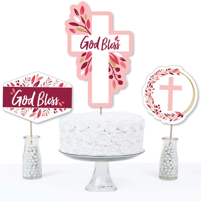 Pink Elegant Cross - Girl Religious Party Centerpiece Sticks - Table Toppers - Set of 15