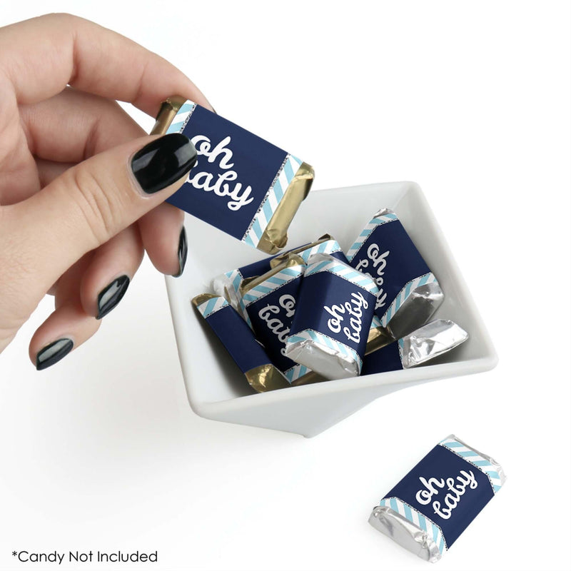 Hello Little One - Blue and Silver - Mini Candy Bar Wrapper Stickers - Boy Baby Shower Small Favors - 40 Count