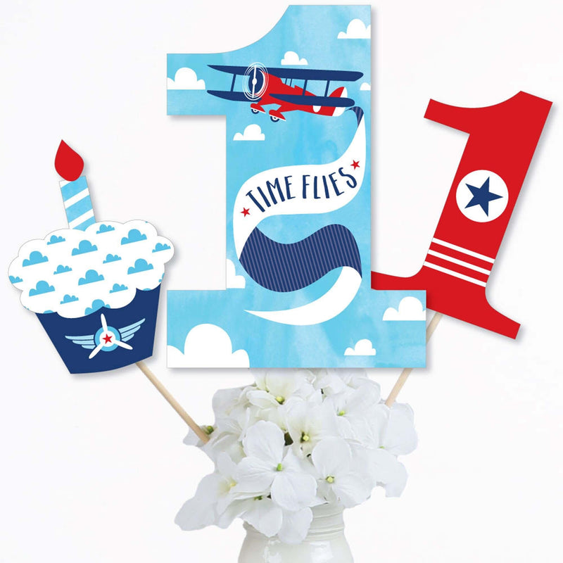 1st Birthday Taking Flight - Airplane - Vintage Plane First Birthday Party Centerpiece Sticks - Table Toppers - Set of 15