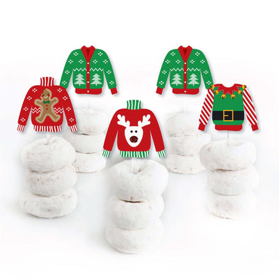 Ugly Sweater - Dessert Cupcake Toppers - Holiday & Christmas Party Clear Treat Picks - Set of 24