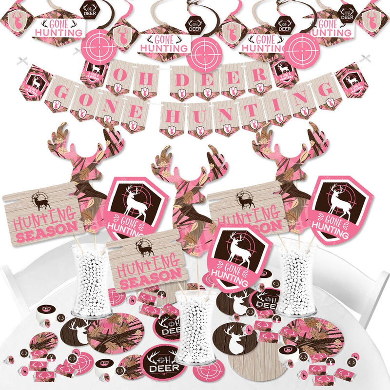 Pink Gone Hunting - Deer Hunting Girl Camo Baby Shower or Birthday Party Supplies - Banner Decoration Kit - Fundle Bundle