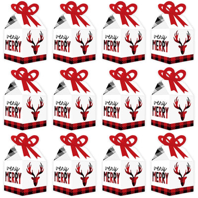 Prancing Plaid - Square Favor Gift Boxes - Reindeer Holiday and Christmas Party Bow Boxes - Set of 12
