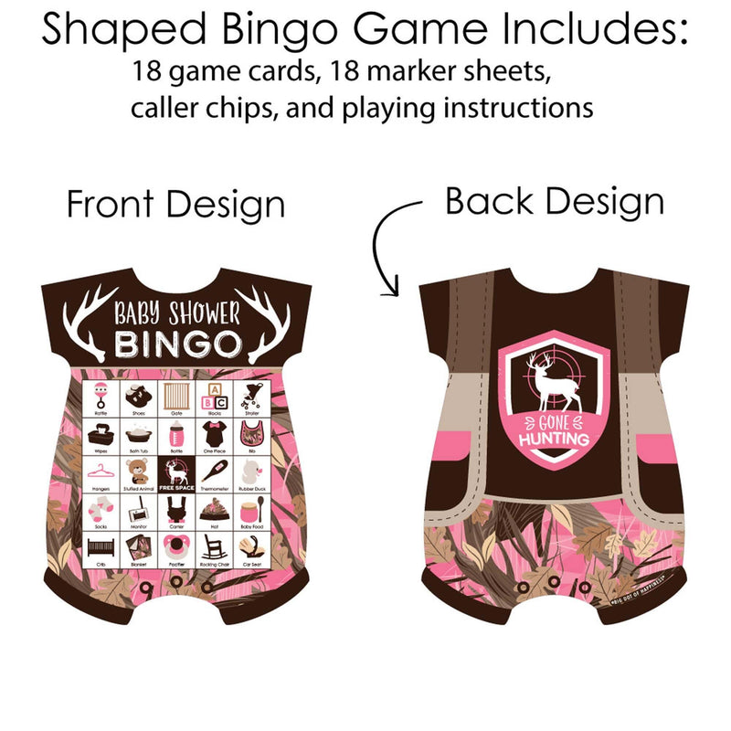 Pink Gone Hunting - Picture Bingo Cards and Markers - Deer Hunting Girl Camo Baby Shower Shaped Bingo Game - Set of 18