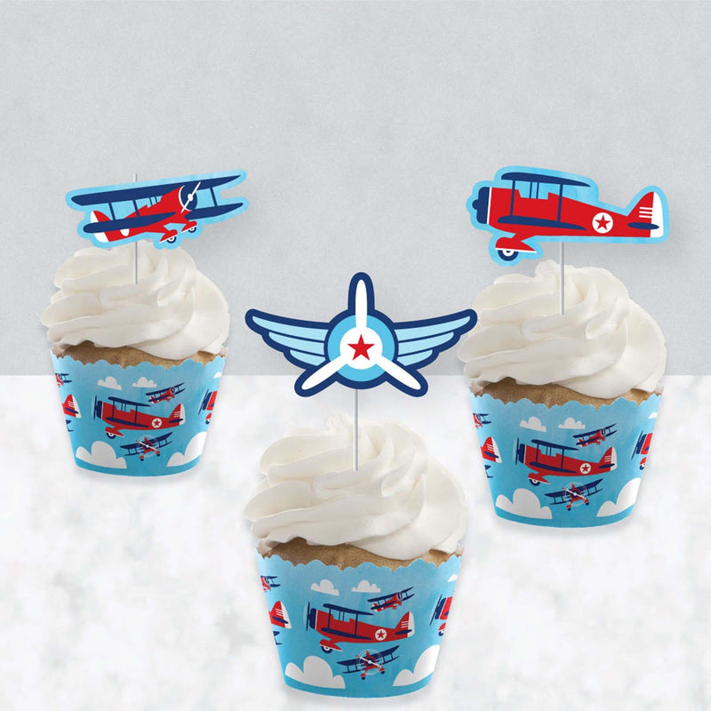 Taking Flight - Airplane - Cupcake Decorations - Vintage Plane Baby Shower or Birthday Party Cupcake Wrappers and Treat Picks Kit - Set of 24