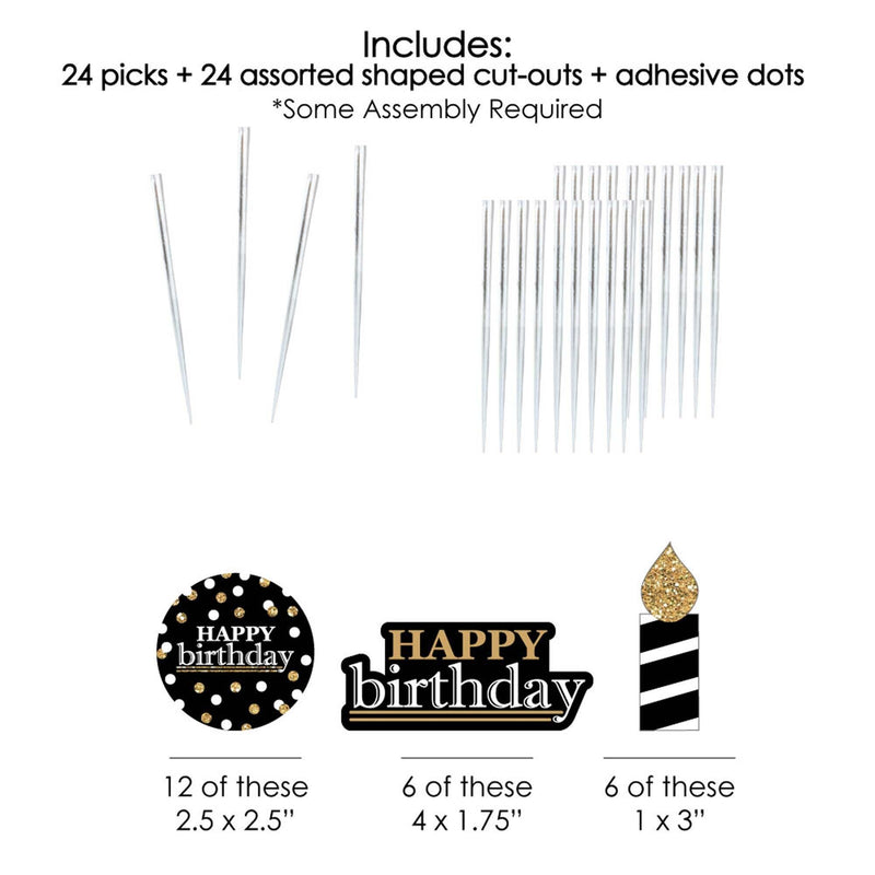 Adult Happy Birthday - Gold - Dessert Cupcake Toppers - Birthday Party Clear Treat Picks - Set of 24