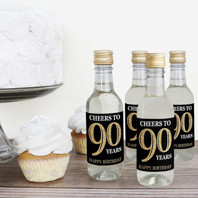 Adult 90th Birthday - Gold - Mini Wine and Champagne Bottle Label Stickers - Birthday Party Favor Gift - For Women and Men - Set of 16