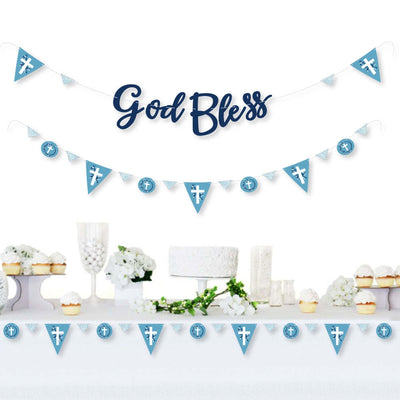 Blue Elegant Cross - Boy Religious Party Letter Banner Decoration - 36 Banner Cutouts and God Bless Banner Letters