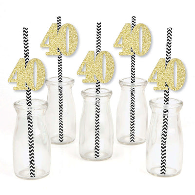 Gold Glitter 40 Party Straws - No-Mess Real Gold Glitter Cut-Out Numbers & Decorative 40th Birthday Party Paper Straws - Set of 24