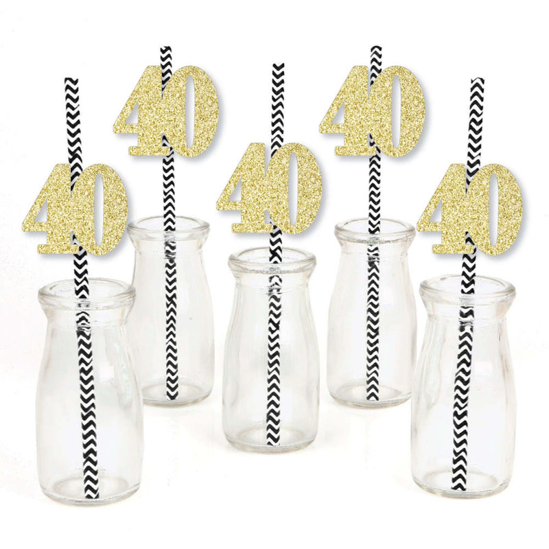 Gold Glitter 40 Party Straws - No-Mess Real Gold Glitter Cut-Out Numbers & Decorative 40th Birthday Party Paper Straws - Set of 24