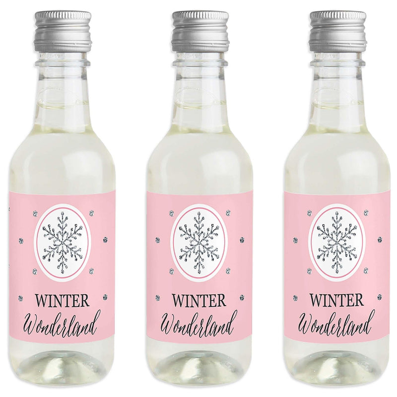 Pink Winter Wonderland - Mini Wine and Champagne Bottle Label Stickers - Holiday Snowflake Birthday Party and Baby Shower Party Favor Gift - For Women and Men - Set of 16