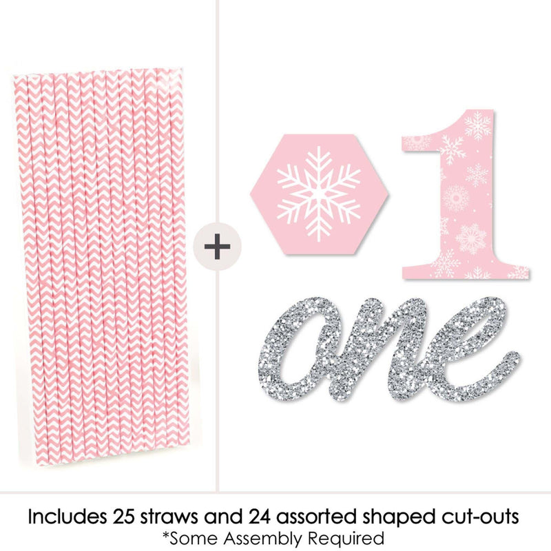Pink ONEderland - Paper Straw Decor - Holiday Snowflake Winter Wonderland Birthday Party Striped Decorative Straws - Set of 24