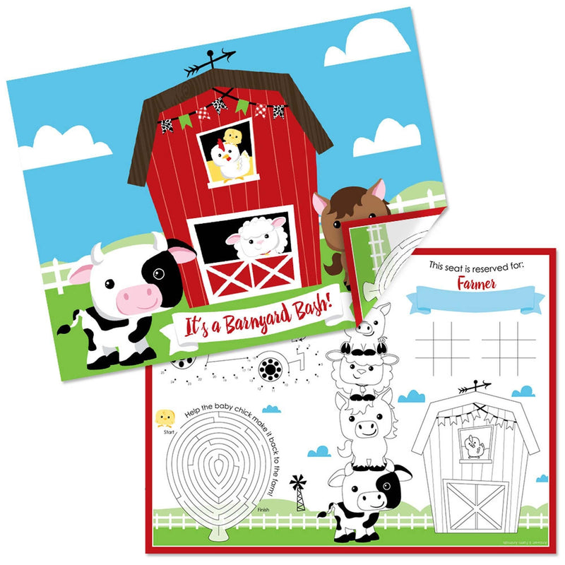 Farm Animals - Paper Barnyard Birthday Party Coloring Sheets - Activity Placemats - Set of 16