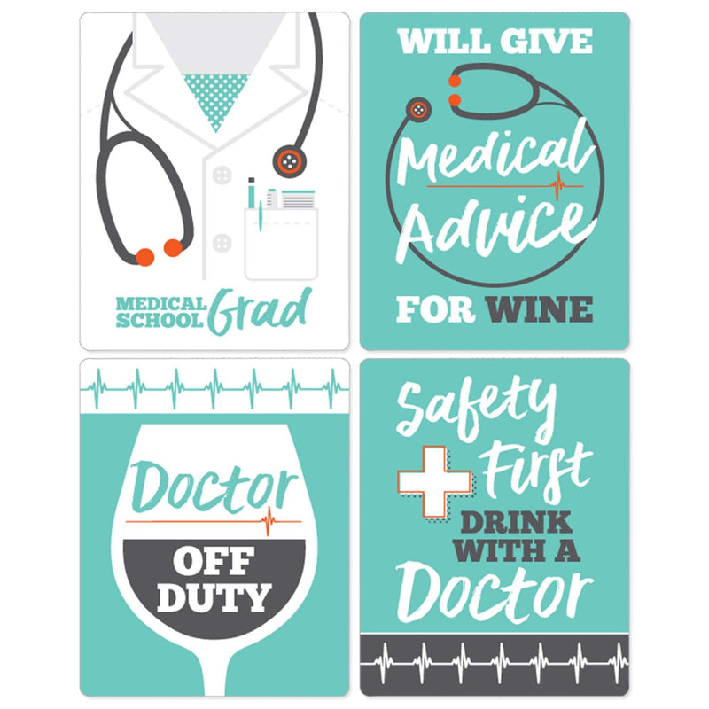 Medical School Grad - Doctor Graduation Decorations for Women and Men - Wine Bottle Label Stickers - Set of 4