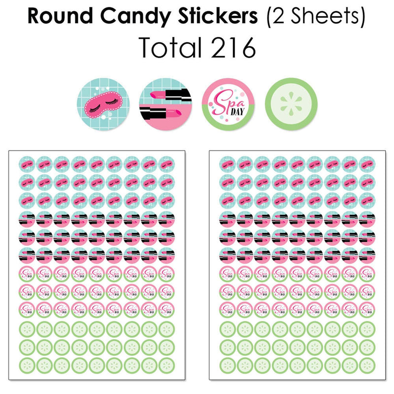 Spa Day - Mini Candy Bar Wrappers, Round Candy Stickers and Circle Stickers - Girls Makeup Party Candy Favor Sticker Kit - 304 Pieces