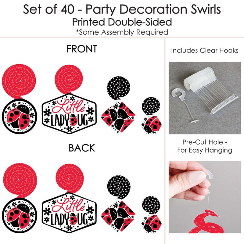 Happy Little Ladybug - Baby Shower or Birthday Party Hanging Decor - Party Decoration Swirls - Set of 40