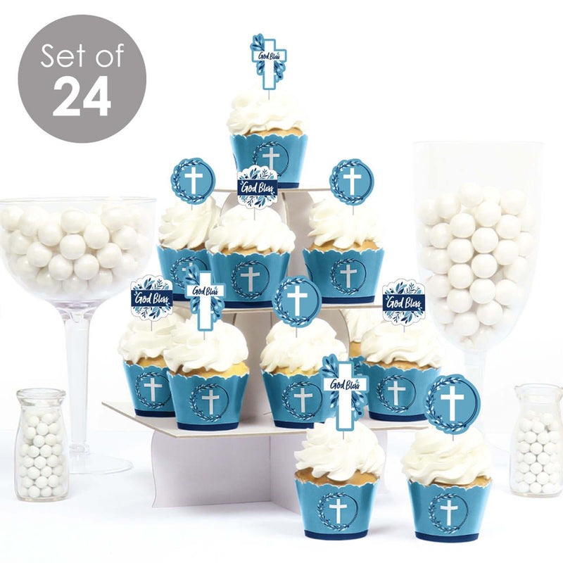 Blue Elegant Cross - Cupcake Decoration - Boy Religious Party Cupcake Wrappers and Treat Picks Kit - Set of 24