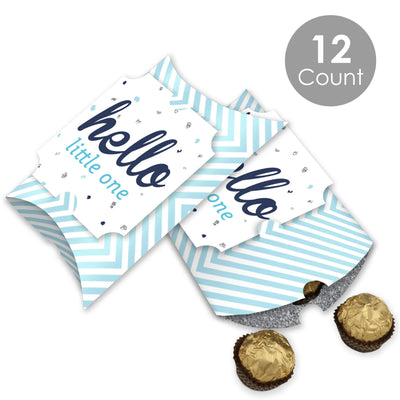 Hello Little One - Blue and Silver - Favor Gift Boxes - Boy Baby Shower Large Pillow Boxes - Set of 12