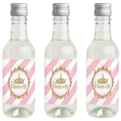 Little Princess Crown - Mini Wine and Champagne Bottle Label Stickers - Pink and Gold Princess Baby Shower or Birthday Party Favor Gift for Women and Men - Set of 16