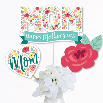 Colorful Floral Happy Mother's Day - We Love Mom Party Centerpiece Sticks - Table Toppers - Set of 15