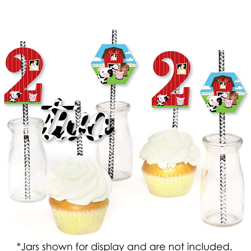 2nd Birthday Farm Animals - Paper Straw Decor - Barnyard Second Birthday Party Striped Decorative Straws - Set of 24