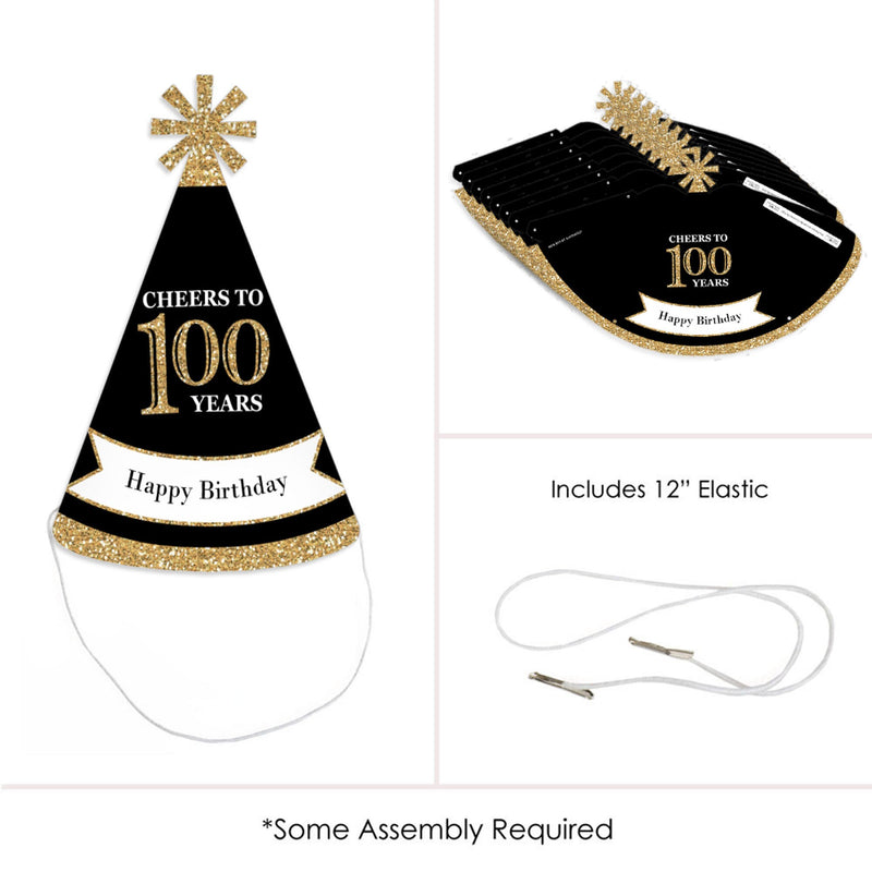 Adult 100th Birthday - Gold - Cone Birthday Party Hats for Adults - Set of 8 (Standard Size)