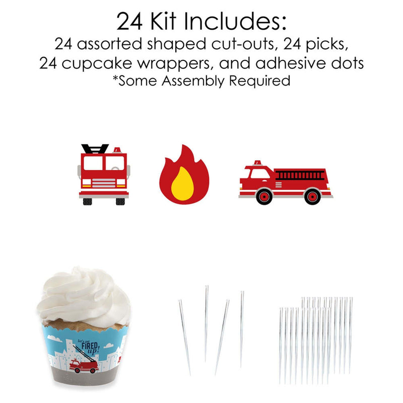 Fired Up Fire Truck - Cupcake Decoration - Firefighter Firetruck Baby Shower or Birthday Party Cupcake Wrappers and Treat Picks Kit - Set of 24