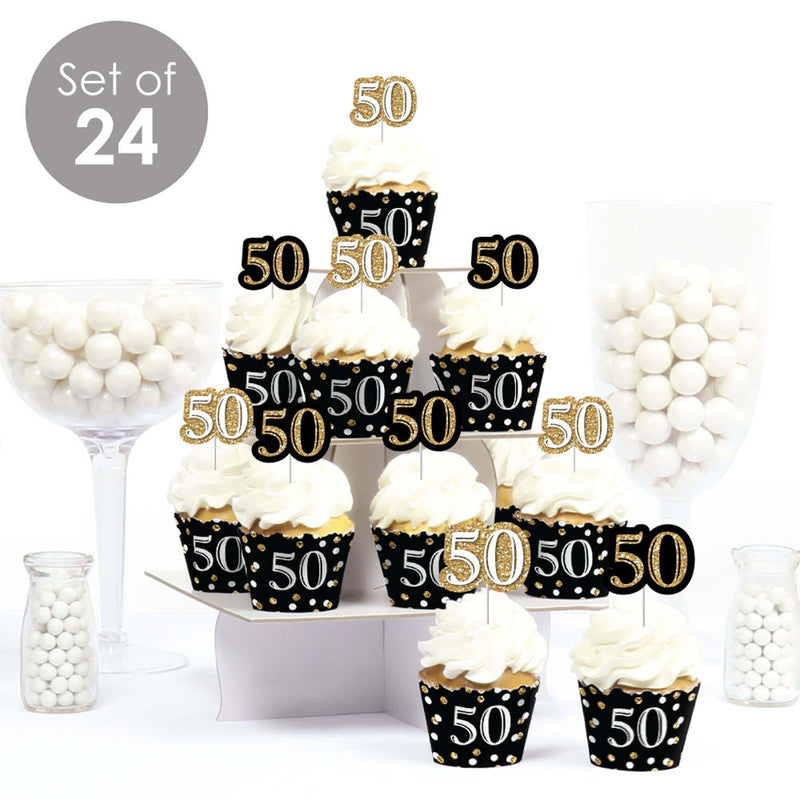 Adult 50th Birthday - Gold - Cupcake Decorations - Birthday Party Cupcake Wrappers and Treat Picks Kit - Set of 24
