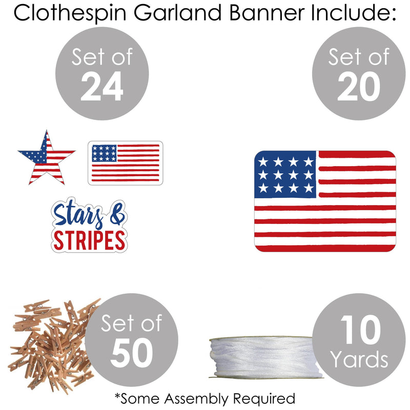Stars & Stripes - Memorial Day, 4th of July and Labor Day USA Patriotic Party DIY Decorations - Clothespin Garland Banner - 44 Pieces