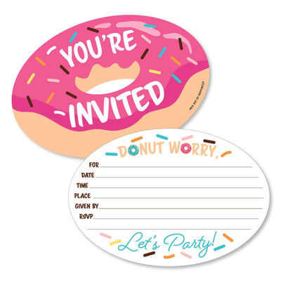 Donut Worry, Let's Party - Shaped Fill-In Invitations - Doughnut Party Invitation Cards with Envelopes - Set of 12
