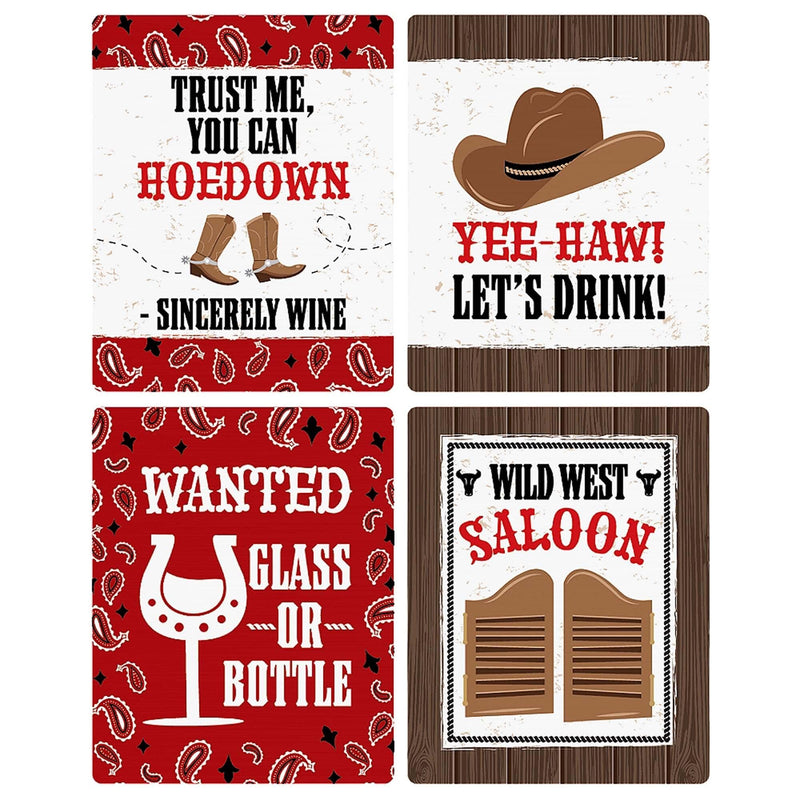 Western Hoedown - Wild West Cowboy Party Decorations for Women and Men - Wine Bottle Label Stickers - Set of 4